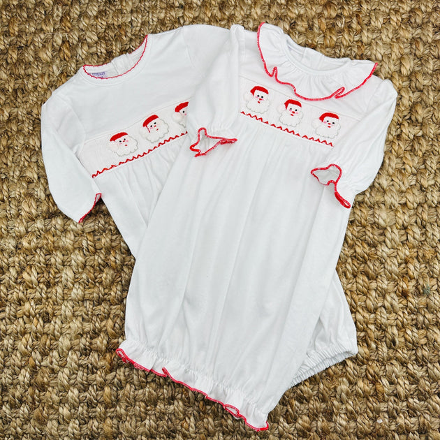 Santa Smocked Christmas Layette Gown- Baby Girl
