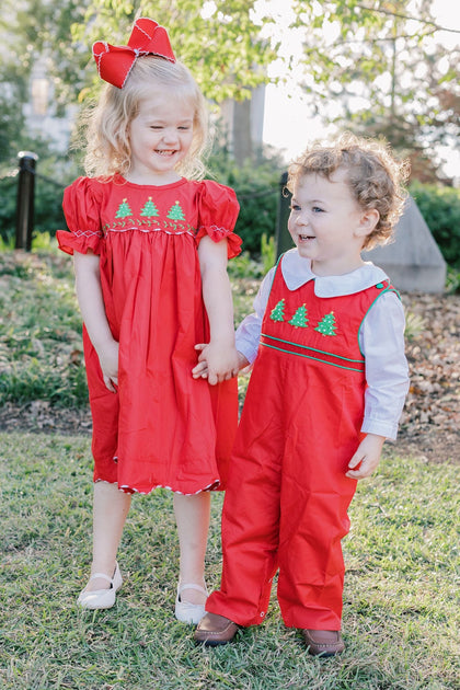 Anavini Boys Red Holiday Plaid Smocked Trees on Cars Longall main image 0