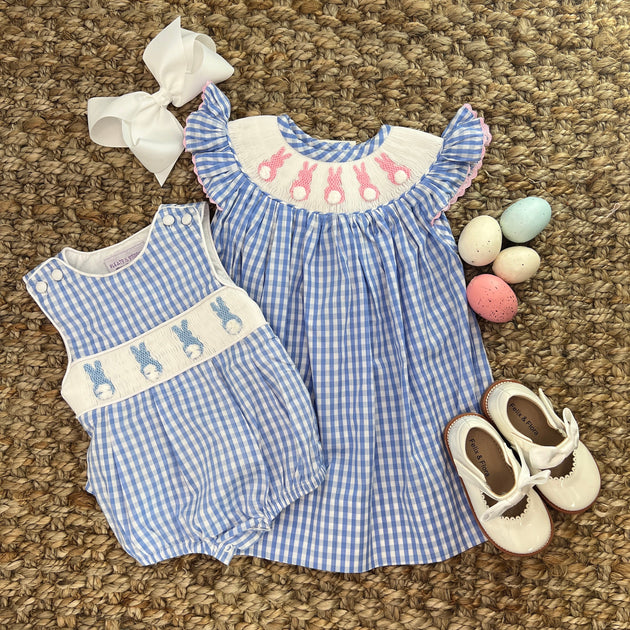 Bunny Smocked Dress in Blue Gingham Flutter Sleeve – Pleats and Stitches