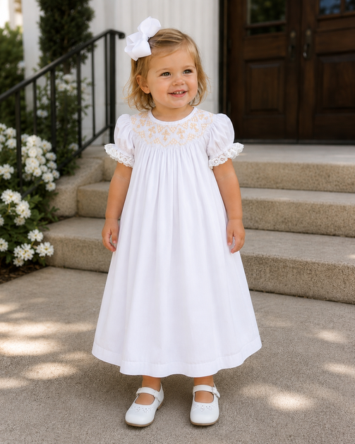 White Smocked Cross Bishop Dress