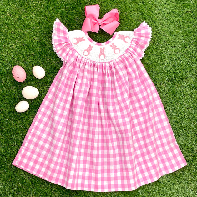 Easter Bunny Smocked Dress in pink gingham Pleats and Stitches Easter Bunny Smocked Dress in pink gingham Pleats and Stitches