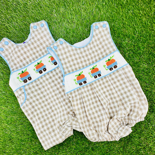 Pumpkin Smocked Boy's Bubble in Tan Gingham