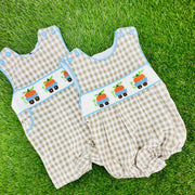Pumpkin Smocked Boy's Bubble in Tan Gingham