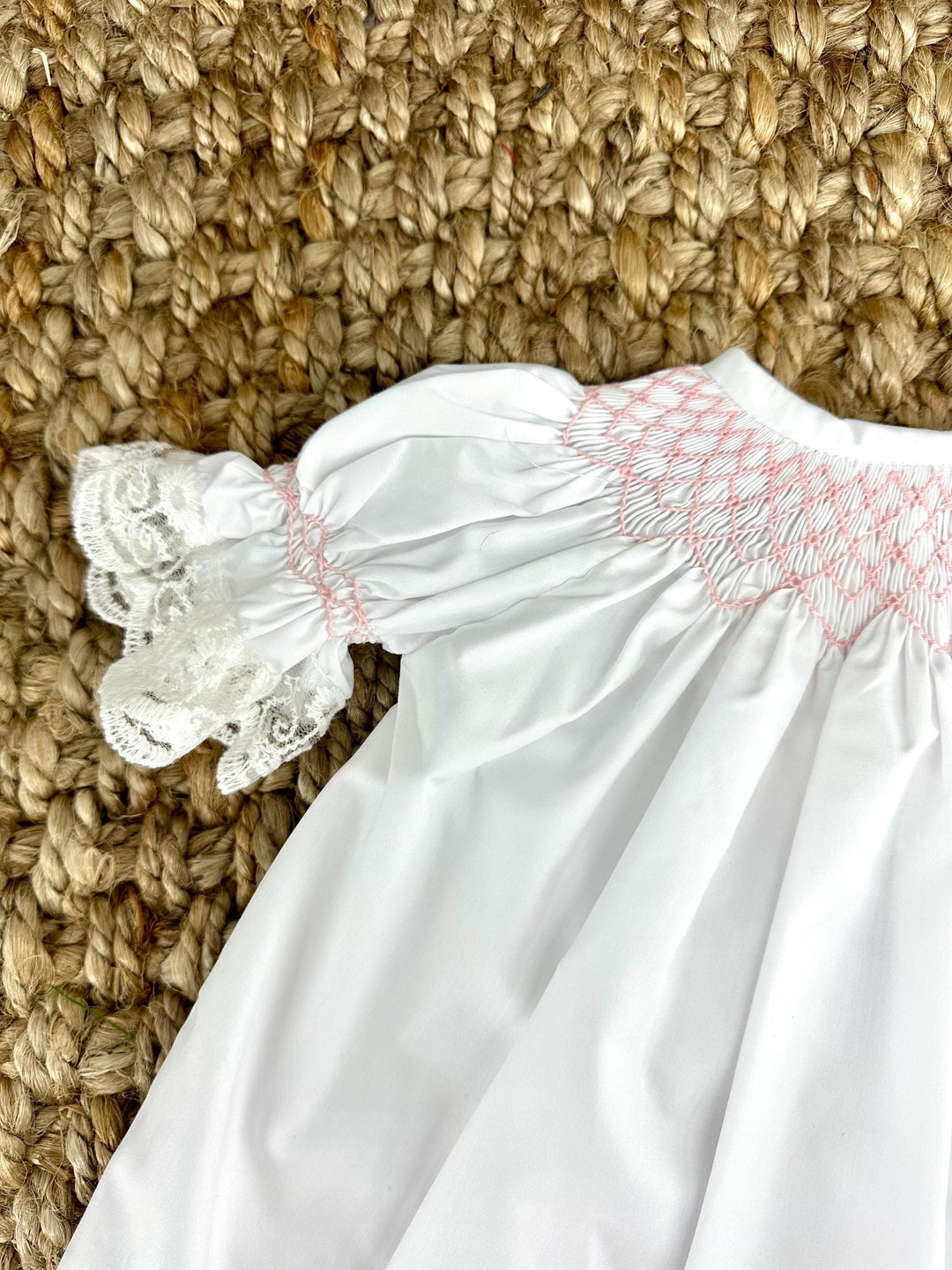 Smocked Dress in White & Pink with Lace Sleeves Smocked Dress in White & Pink with Lace Sleeves