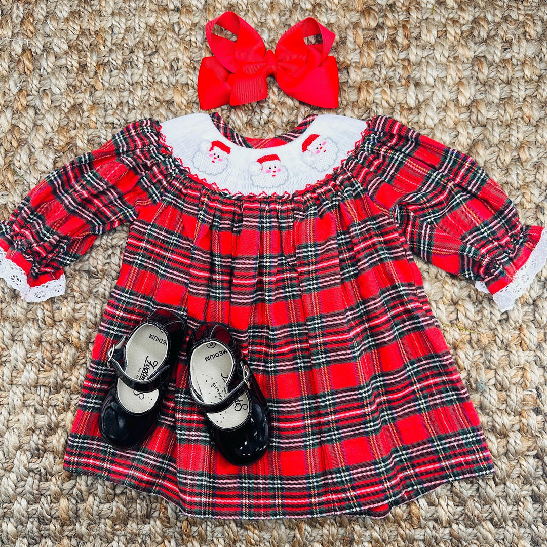 Santa Smocked Christmas Dress in Plaid - Long Sleeve Santa Smocked Christmas Dress in Plaid - Long Sleeve