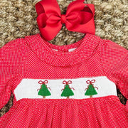 Smocked Christmas Bow Tree Dress with Ruffle Collar