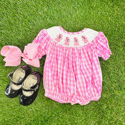 Smocked Halloween Ghost Bubble in Pink Gingham, Romper style, Pumpkin, trick or treat, Fall, Sibling Matching 755 *B