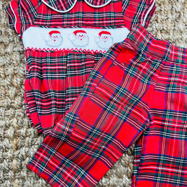 Santa Smocked Christmas Boy's Bubble in Tartan Plaid