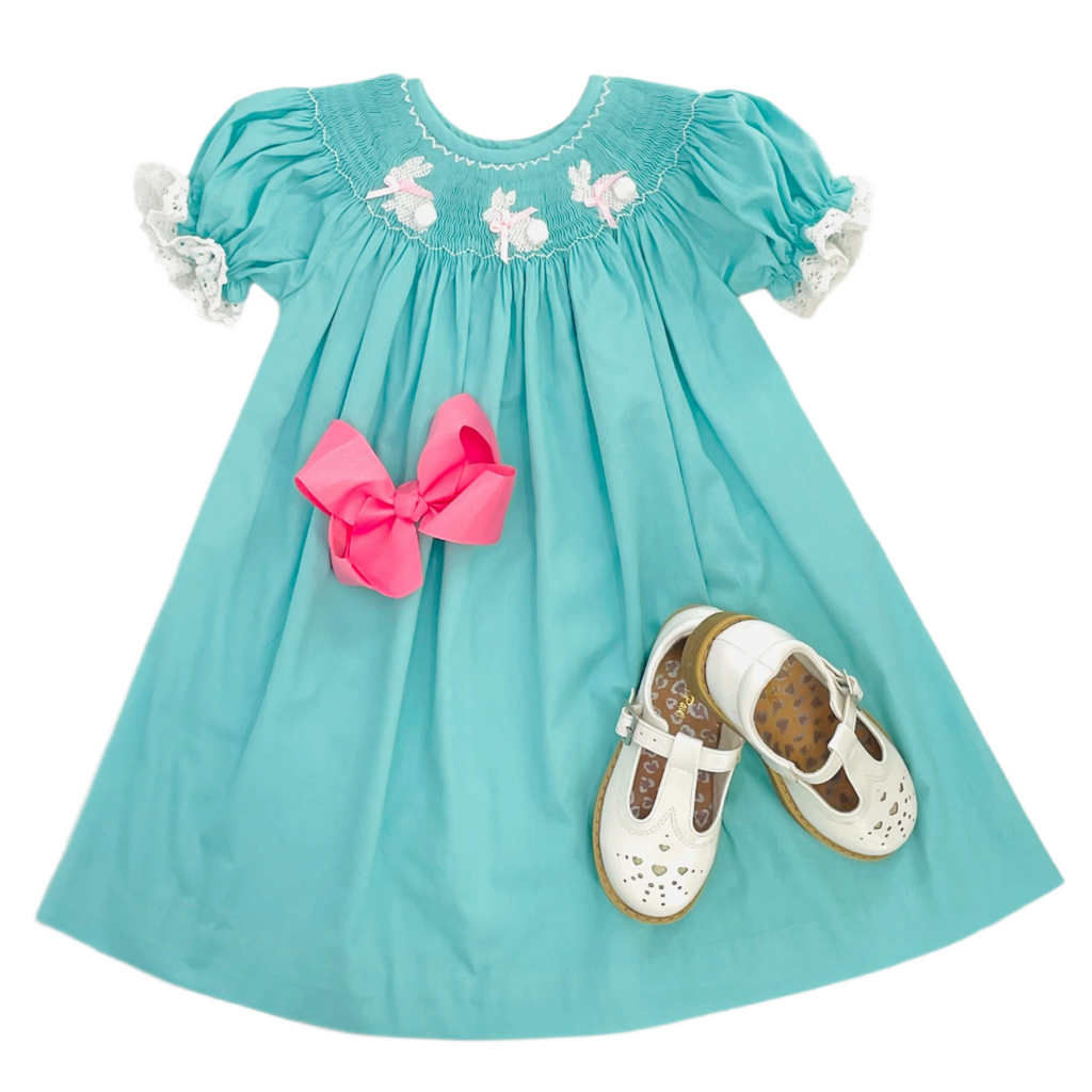Easter Bunny Smocked Dress in Mint – Pleats and Stitches