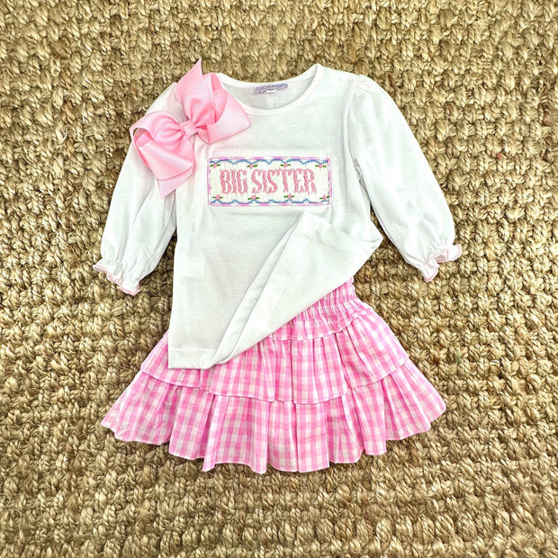 Pink Gingham Ruffle Skirt- Smocked Waist and Built in Shorts- Spring, Fall, Summer, Toddler, Girl, Tween, sibling, Easter, Big Sister 753 *E