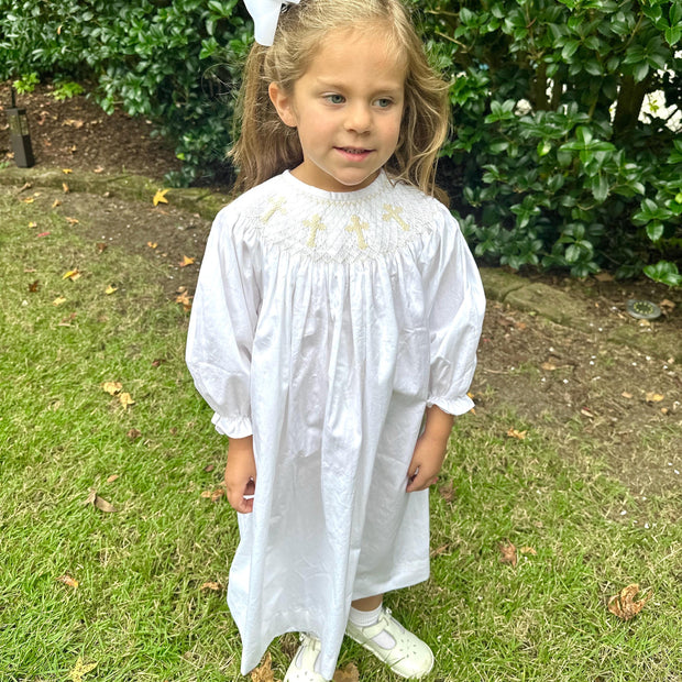 Smocked Cross Dress in White with Cream Crosses and Long Sleeves