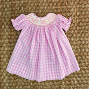 Smocked Baby Sister Gingham Dress. Pink Bishop Dress, Baby Girl, Heirloom Dress