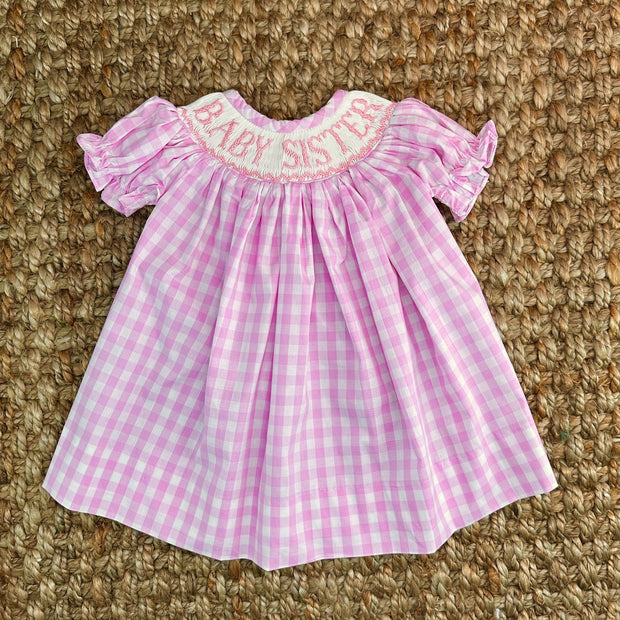 baby smocked dress Dolman Sleeve & Bloomers Set Puff sleeved party dress with gathered skirt and traditional hand smocked panel with bow design Smocked Baby Sister Gingham Dress