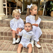 Smocked Long-Sleeve Cross Shortall - White with Cream Crosses