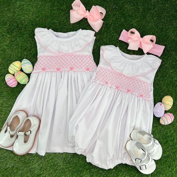 Smocked Toulouse Dress White with Ruffle Collar