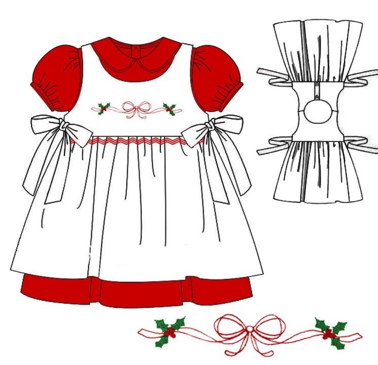 Christmas Apron Bow Dress- Embroidered and Smocked 2 Piece Dress Pleats and Stitches Christmas Apron Bow Dress- Embroidered and Smocked 2 Piece Dress Pleats and Stitches
