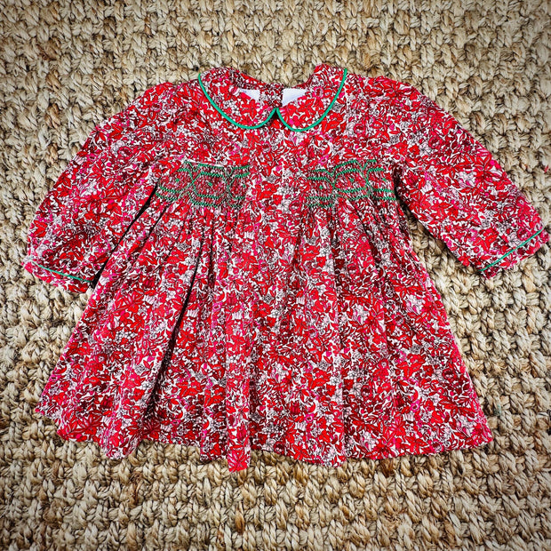 Red Floral Charlotte Smocked Dress - Christmas, Valentine, Fall, Liberty London, Vintage Style, Baby Girl, Heirloom, 768 *G
