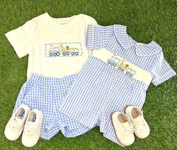 Easter Train Collared Shortall in Blue Gingham