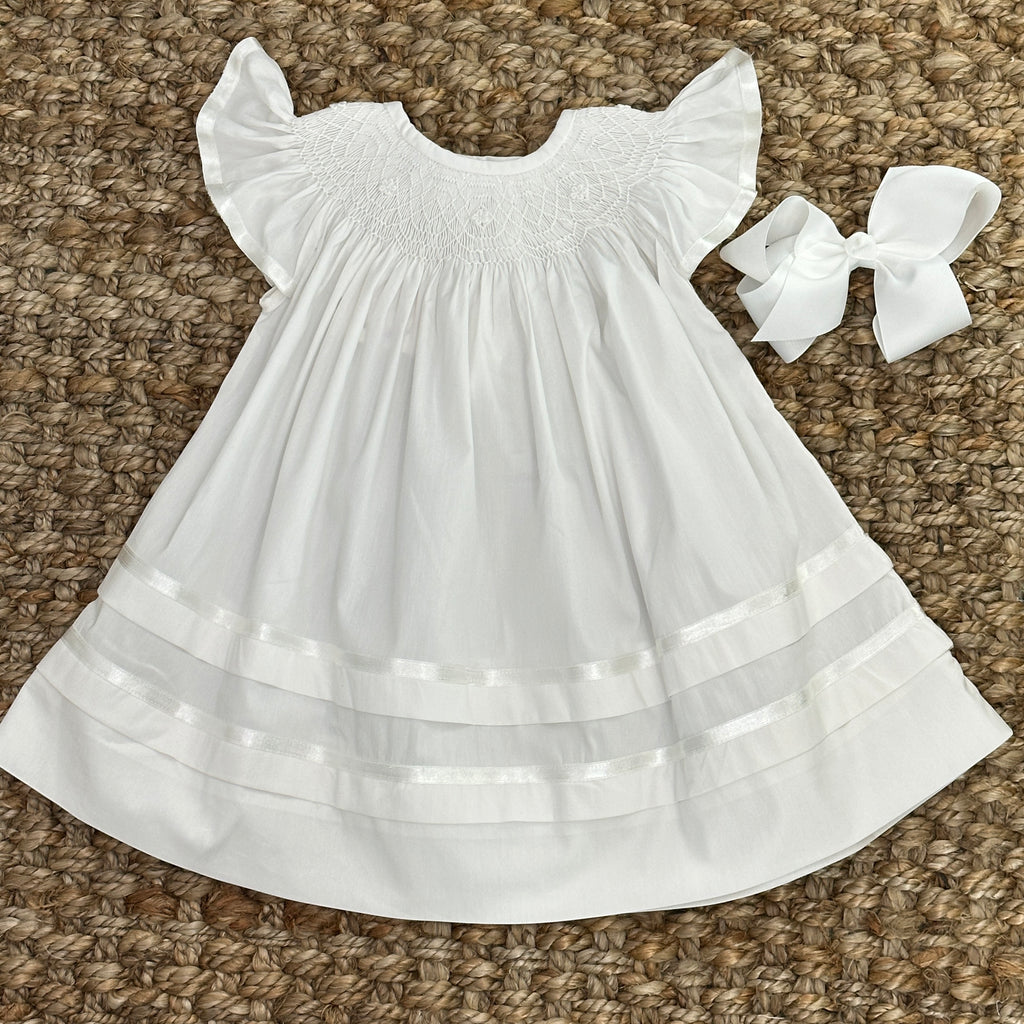 smocked white dress White Smocked Flutter Sleeve Heirloom Bishop Dress