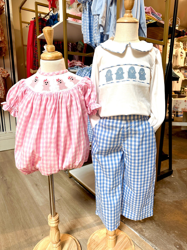 Smocked Halloween Ghost Bubble in Pink Gingham, Romper style, Pumpkin, trick or treat, Fall, Sibling Matching 755 *B