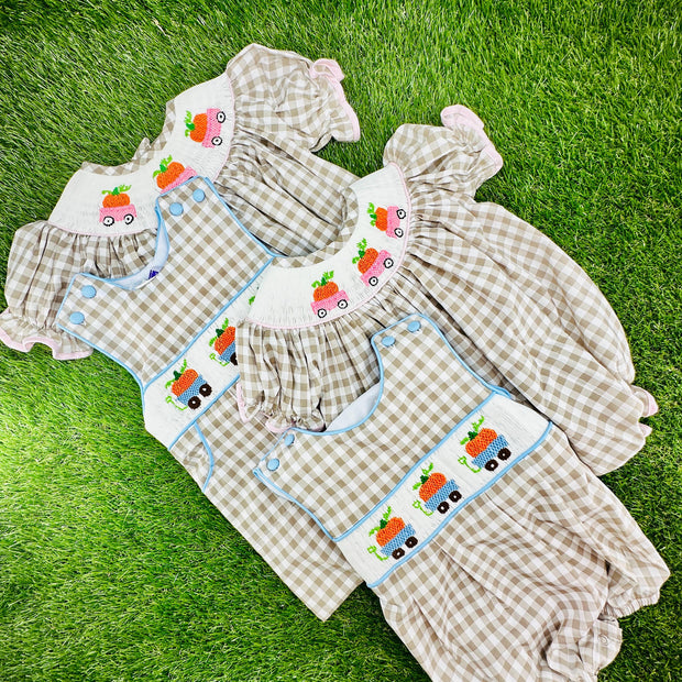Pumpkin Smocked Boy's Bubble in Tan Gingham