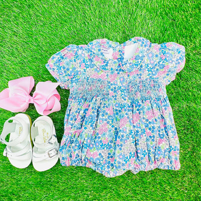 Smocked Charlotte Bubble Romper- Blue Floral Liberty Print