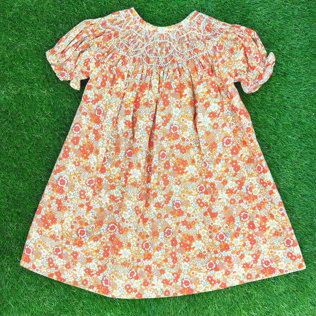 Smocked Floral Bishop Dress- Marigold Print