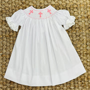 Smocked Cross Bishop Dress - White with Pink Crosses