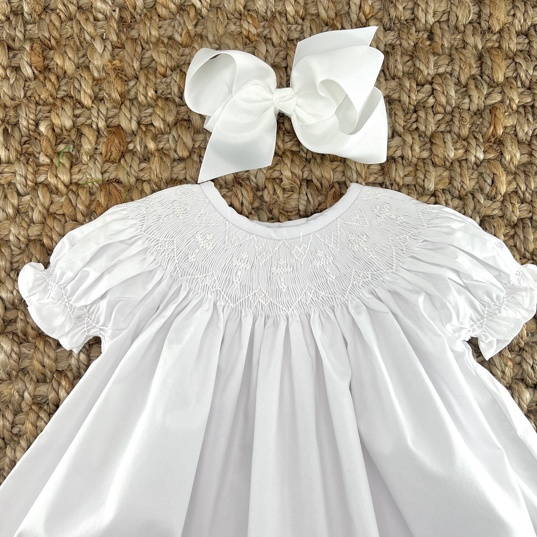 Smocked Cross Dress in White with White Crosses – Pleats and Stitches Smocked Cross Dress in White with White Crosses – Pleats and Stitches
