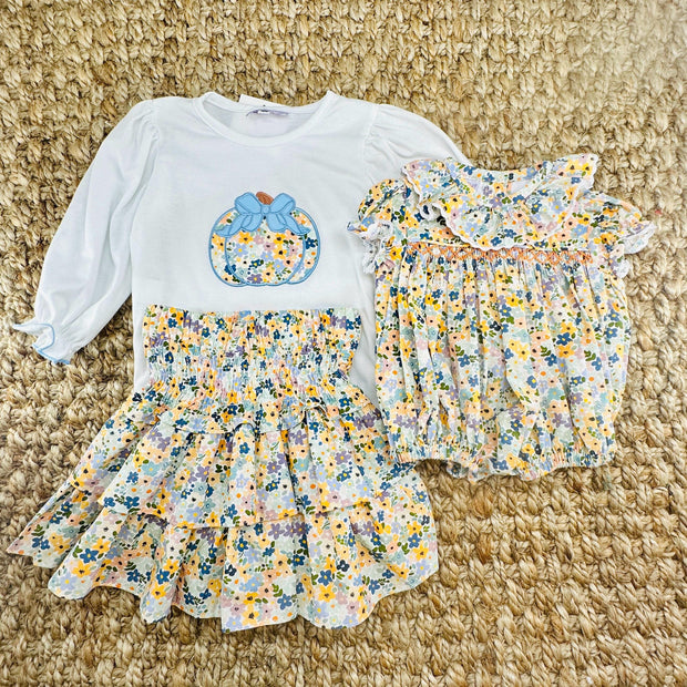 Autumn Floral Ruffle Skirt- Smocked Waist and Built in Shorts- Fall, Halloween, Thanksgiving, Spring, embroidered, Tween, sibling 737 *E