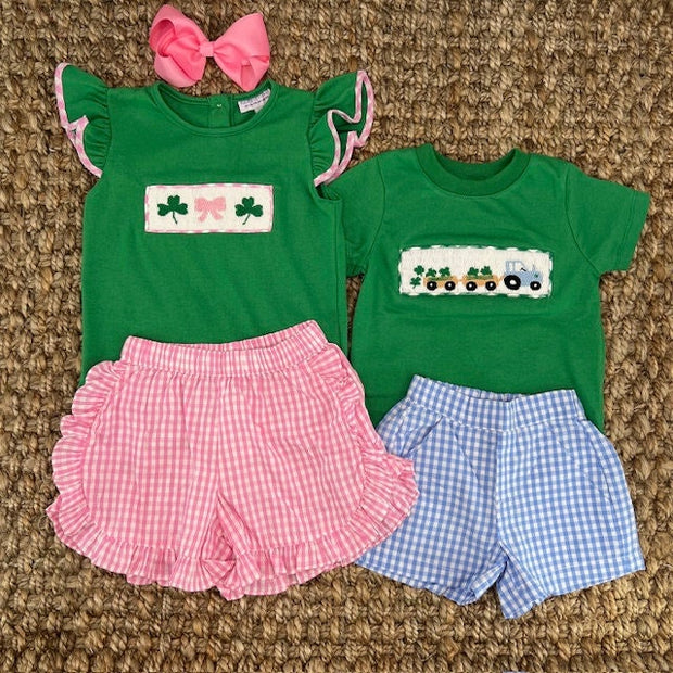 St. Patrick's Smocked Shirt with Tractor and Shamrocks in Soft Knit