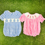 Halloween Ghost Smocked Boy's Bubble - Fall, Halloween, Baby Boy outfit, Blue Gingham 754 *A