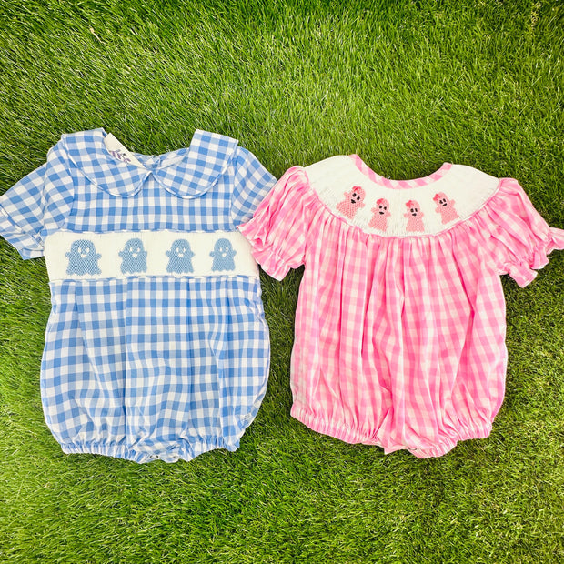 Halloween Ghost Smocked Boy's Bubble - Fall, Halloween, Baby Boy outfit, Blue Gingham 754 *A