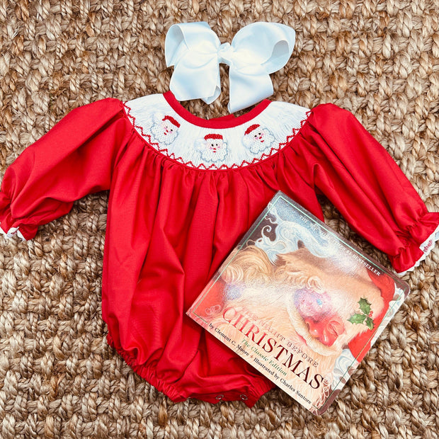 Santa Smocked Christmas Bubble Romper in Red Pleats and Stitches Santa Smocked Christmas Bubble Romper in Red Pleats and Stitches