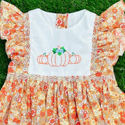 Pumpkin Smocked Avignon Dress - Embroidered Pumpkins on Fall Florals Dress