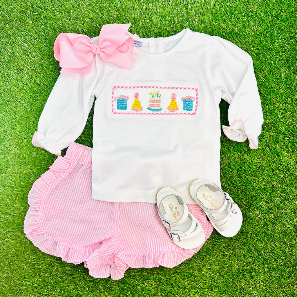 Birthday Smocked Shirt, Long Sleeve in White Knit (shorts sold separat   Pleats and Stitches