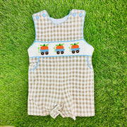 Pumpkin Wagon Smocked Jon Jon - Halloween, Thanksgiving, Fall, Tan Gingham, Vintage Style, Heirloom, Hand Smocked, Baby Boy 745 *A