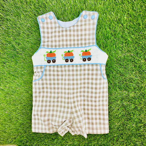 Pumpkin Wagon Smocked Jon Jon - Halloween, Thanksgiving, Fall, Tan Gingham, Vintage Style, Heirloom, Hand Smocked, Baby Boy 745 *A