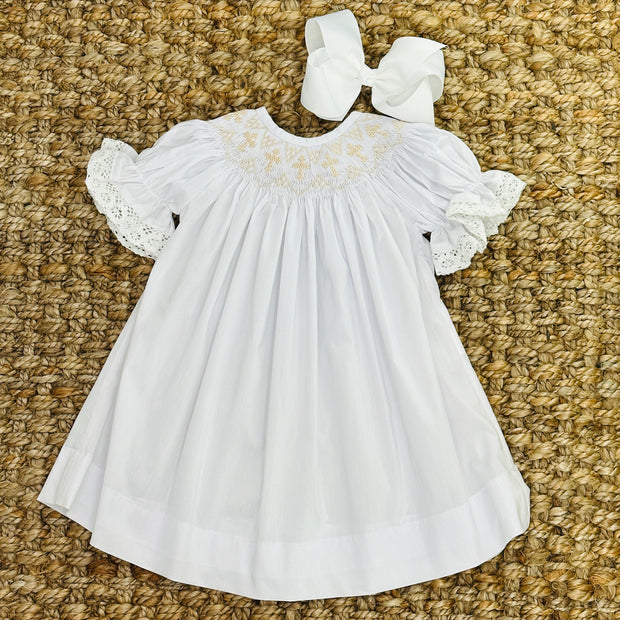 White Smocked Cross Bishop Dress - White with Cream crosses White Smocked Cross Bishop Dress - White with Cream crosses