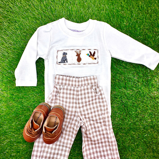Boys Pants in Tan Gingham with Pockets