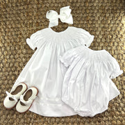 Smocked Cross Bubble Romper in White with White Crosses