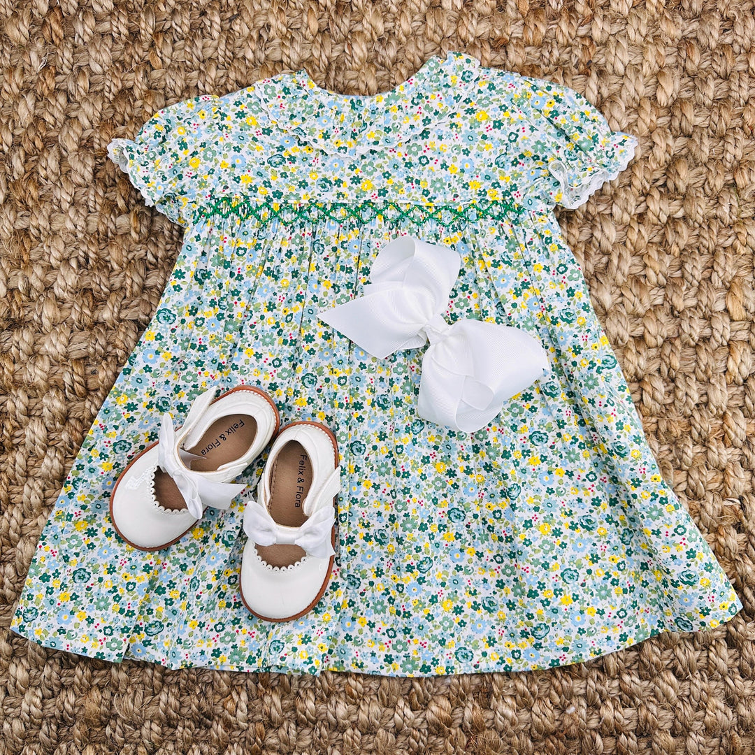 green emerald velvet dress Floral Smocked Green Silk Short Sleeve Baby & Toddler Dress – Carriage  Boutique
