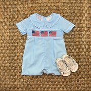 Flag Smocked Shortall with Collar in Blue