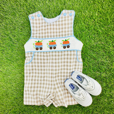 Pumpkin Wagon Smocked Jon Jon - Halloween, Thanksgiving, Fall, Tan Gingham, Vintage Style, Heirloom, Hand Smocked, Baby Boy 745 *A
