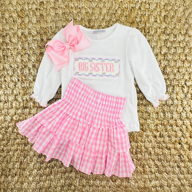 Pink Gingham Ruffle Skirt- Smocked Waist and Built in Shorts- Spring, Fall, Summer, Toddler, Girl, Tween, sibling, Easter, Big Sister 753 *E