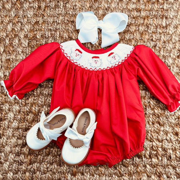 Santa Smocked Christmas Bubble Romper in Red Pleats and Stitches Santa Smocked Christmas Bubble Romper in Red Pleats and Stitches