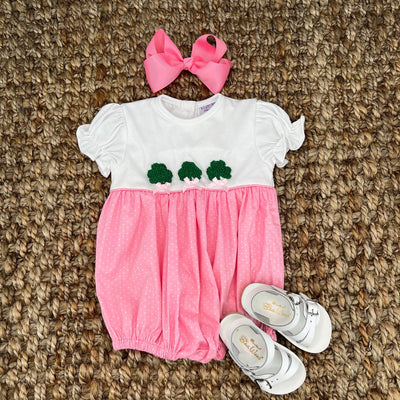 Shamrock Smocked Romper French Knot in Pink and White