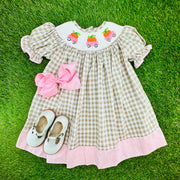 Smocked Pumpkin Dress in Tan Gingham