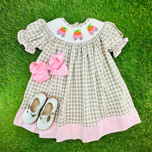 Smocked Pumpkin Dress in Tan Gingham