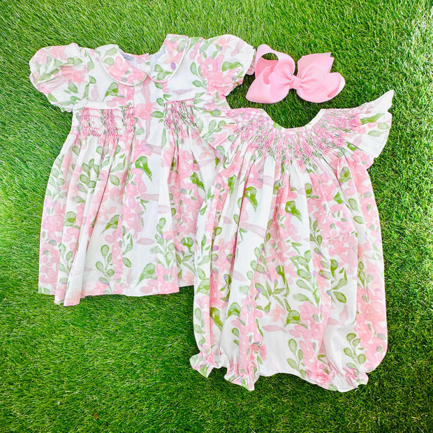 Smocked Floral Bubble Romper - Watercolor Print